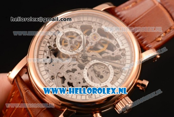 Patek Philippe Complications Chronograph 7750 Auto Rose Gold Case with Skeleton Dial and Brown Leather Strap - Click Image to Close